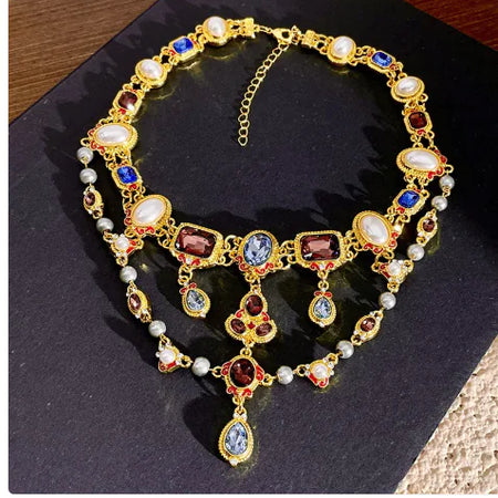 Mid-ancient Temperament Pearl Crystal Shining Diamond Tassel Clavicle Chain Color Gem Neckband Necklace